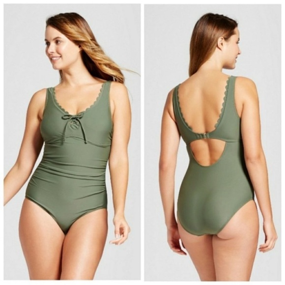 NWT Olive Green One Piece Scalloped Edge Neckline Lace Up Size Small - Picture 1 of 9